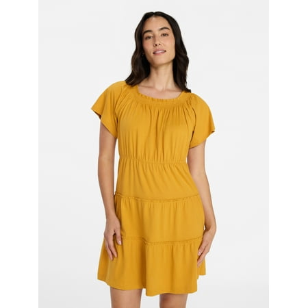 Time and Tru Women's Tiered Cotton Mini Dress with Flutter Sleeves Now $6.95
