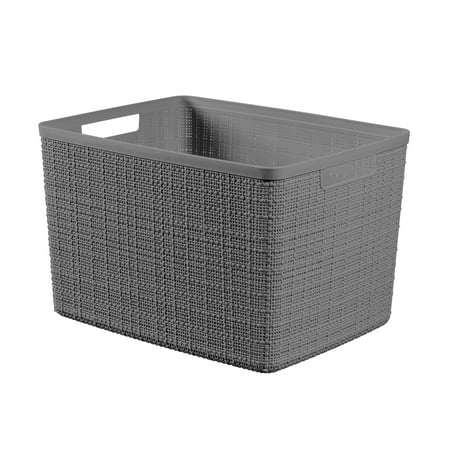 Curver Jute Large Gray Plastic Decorative Storage Basket, 14 in x 11 in x 9