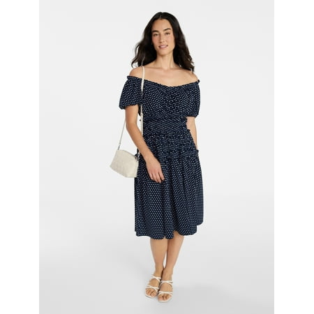 Time and Tru Women's Smocked Midi Dress with Short Puff Sleeves Now $12.00