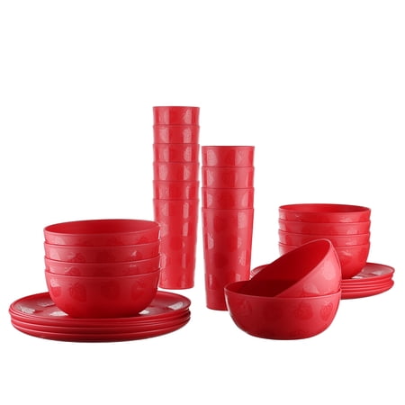 Mainstays 30-Piece Plastic Etched Strawberry Pattern Dinnerware Bundle Set, Red Now $9.88