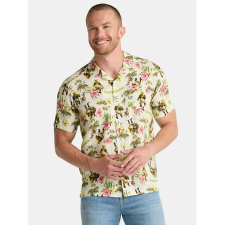 Shrek Men's and Big Men's Swamp Flowers Graphic Button Up Shirt Now $6.41