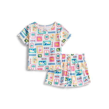 Wonder Nation Toddler Girl's Ribbed Print Tee and Shorts, 2-Piece Pajama Set Now $7.00