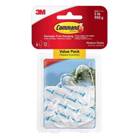Command Clear Medium Hooks, Holds 2 lbs, Damage Free Decorating, 6 Hooks, 12 Adhesive