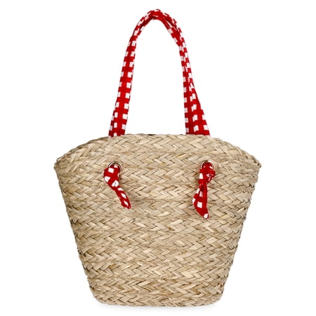 Time and Tru Women's Seagrass Beach Tote, Natural/Red Now $15.00 at Walmart