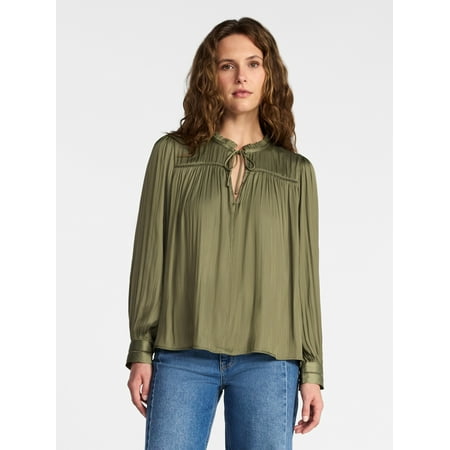 Time and Tru Women's Soft Ruched Yoke Blouse with Long Sleeves