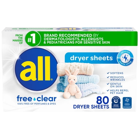 all Fabric Softener Dryer Sheets for Sensitive Skin, Free Clear, 80 Count