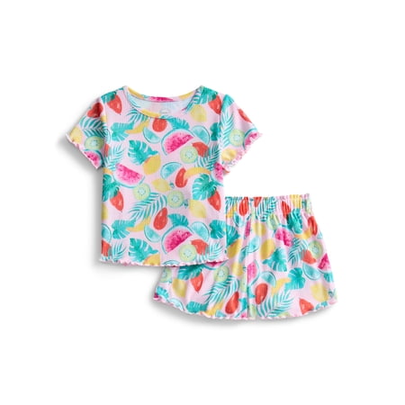 Wonder Nation Toddler Girl's Ribbed Print Tee and Shorts, 2-Piece Pajama Set Now $7.00