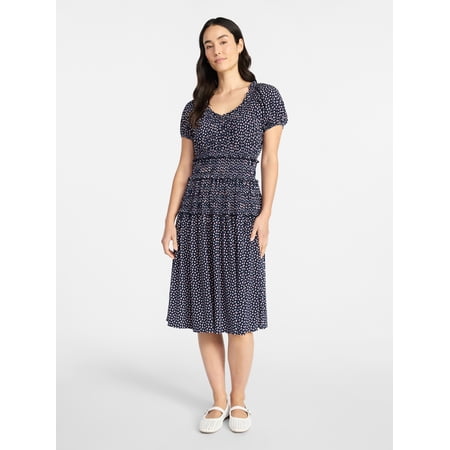 Time and Tru Women's Smocked Midi Dress with Short Puff Sleeves Now $11.72