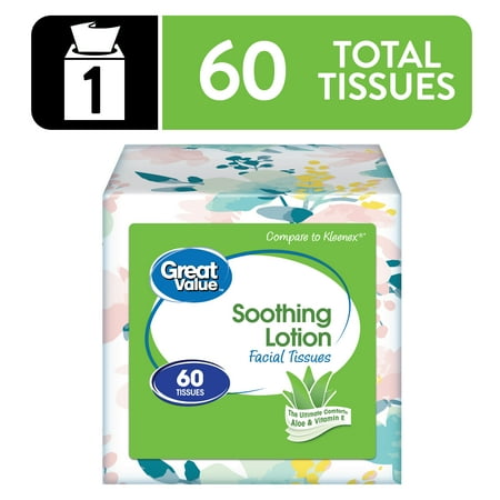 Great Value Soothing Lotion Facial Tissues, 1 Cube, 60 Tissues per Cube, 3-Ply Now $1.58