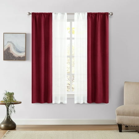 Mainstays Solid Twill Blackout Curtain Panel and Sheers, Set of 4, Merlot Now $9.00