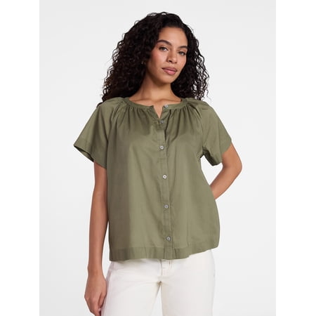 Time and Tru Women's Cotton Button Up Blouse with Short Sleeves Now $8.99 at Walmart