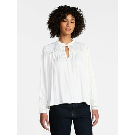 Time and Tru Women's Soft Ruched Yoke Blouse with Long Sleeves