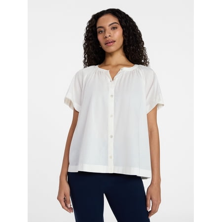Time and Tru Women's Cotton Button Up Blouse with Short Sleeves Now $8.72 at Walmart