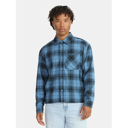 No Boundaries Collared Cotton Boxy Cropped Fit Flannel Shirt, Men's and Big Men's Now $6.26