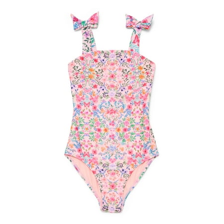 Wonder Nation Girls Floral One Piece Swimsuit with Bows and UPF 50, & Now $7.09