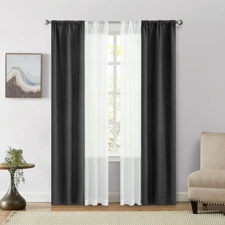 Mainstays Solid Twill Blackout Curtain Panel and Sheers, Set of 4, Rich Black, 27.5" W x