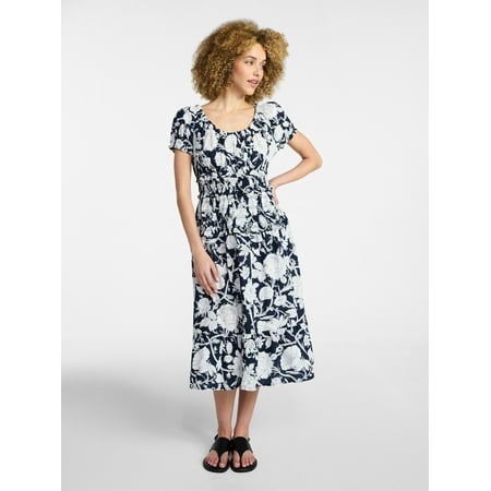 Time and Tru Women's Smocked Cotton Peasant Dress with Short Sleeves Now $7.98