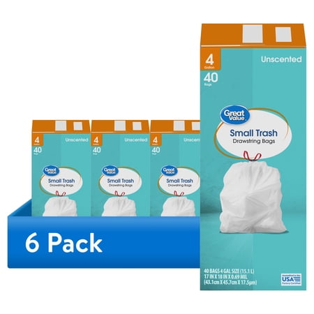 Great Value 4-Gallon Small Drawstring Trash Bags, 40 Bags Now $18.56