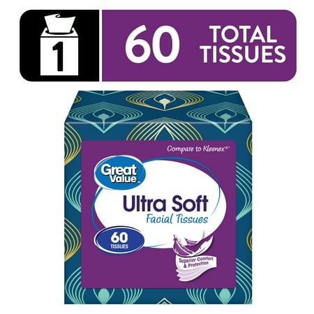 Great Value Ultra Soft Facial Tissues, 1 Cube, 60 Tissues per Cube, 3-Ply, Compare
