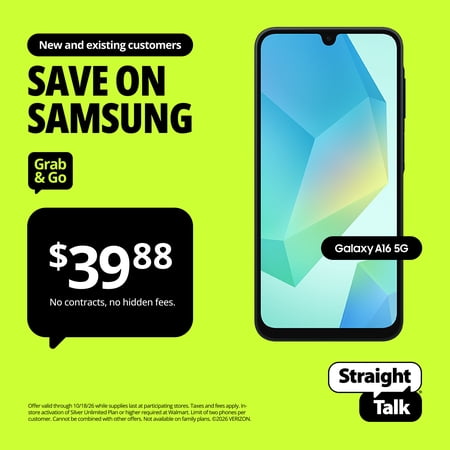 Straight Talk Samsung Galaxy A16, 128GB, 5G, Black - Prepaid Smartphone [Locked Now $39.88