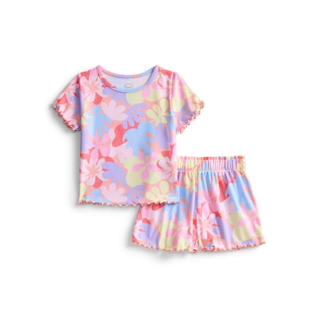 Wonder Nation Toddler Girl's Ribbed Print Tee and Shorts, 2-Piece Pajama Set Now $7.00