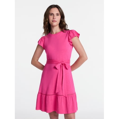 Time and Tru Women's and Women's Plus Belted Mini Dress with Flutter Sleeves Now $8.57
