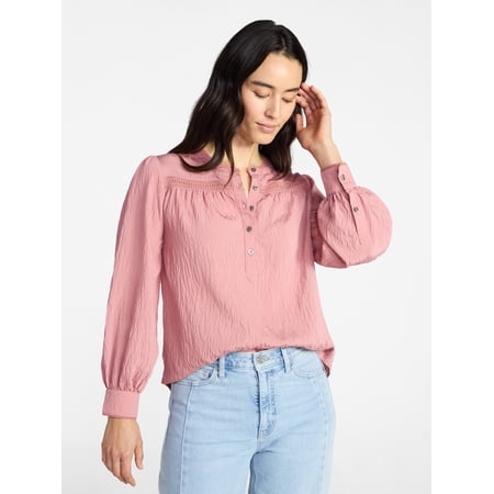 Time and Tru Women's Lace Yoke Half Button Shirt with Long Sleeves Now $11.32