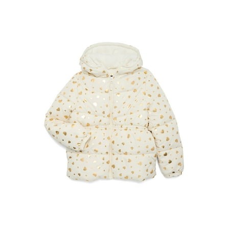 Pink Platinum Girls Heart Foil Printed Hooded Puffer Jacket with Fleece Lining Now $5.92