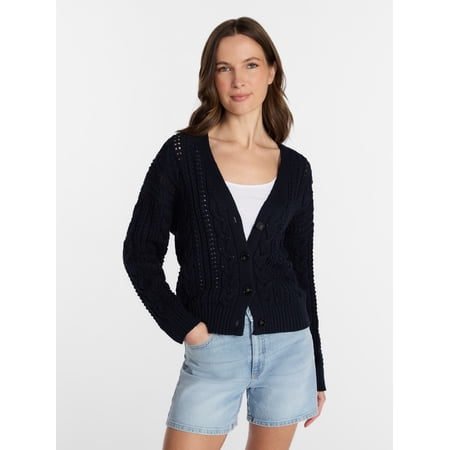 Time and Tru Women's Cable Knit Cardigan Sweater, Lightweight Now $5.79