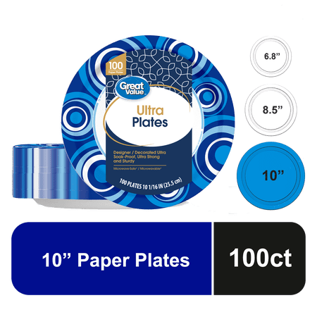 Great Value Ultra Disposable Paper Plates, 10", 100 Count Now $9.42