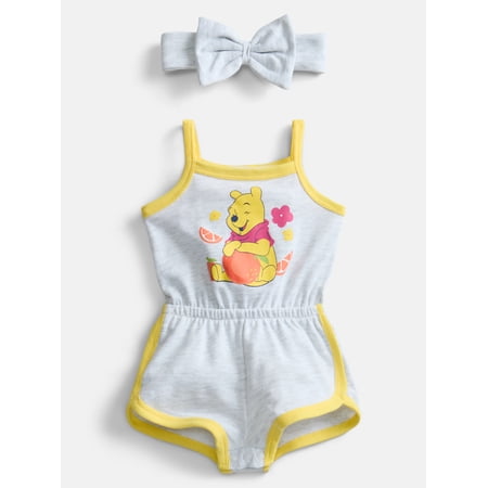 Winnie the Pooh Baby Girls Sleeveless Graphic Romper with Matching Bow Headband Now $7.00