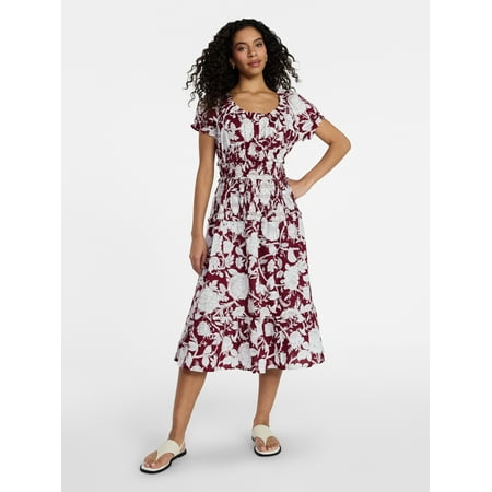 Time and Tru Women's Smocked Cotton Peasant Dress with Short Sleeves Now $9.36