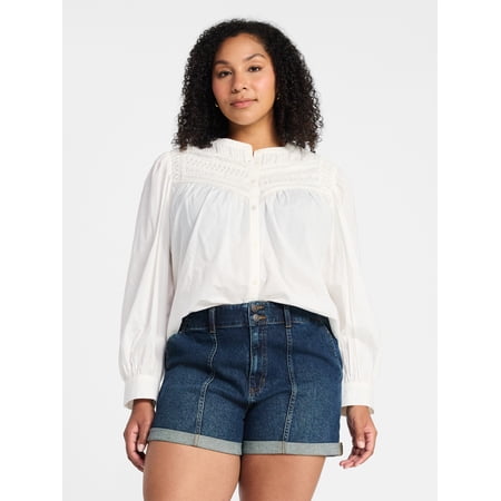Time and Tru Women's Textured Yoke Cotton Blouse with Long Puff Sleeves Now $7.18