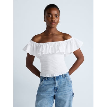Scoop Women’s and Women’s Plus Off-the-Shoulder Smocked Ruffle Cotton Top Now $11.88