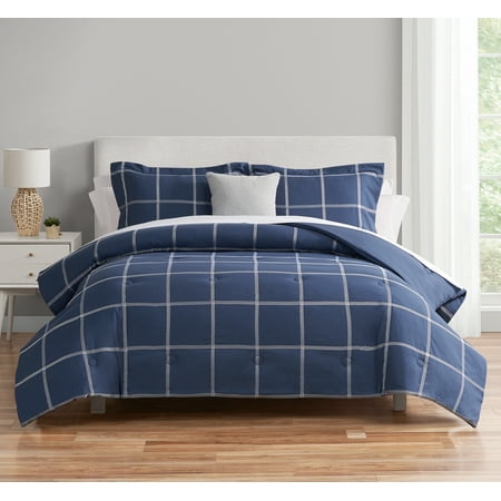 Mainstays Navy Windowpane 10 Piece Bed in a Bag Comforter Set with Sheets, Full Now $24.82