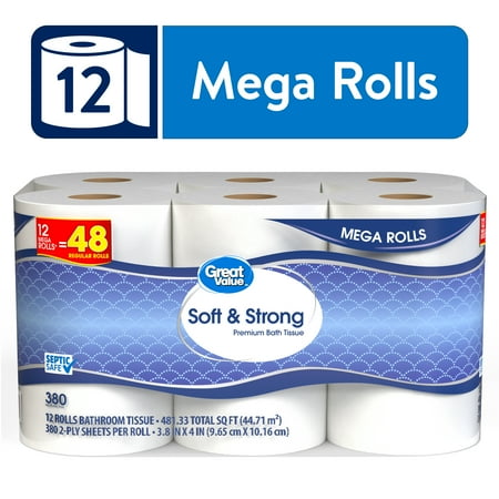 Great Value Soft & Strong Premium Toilet Paper, 12 Mega Rolls, 380 Sheets per Roll Now $9.98