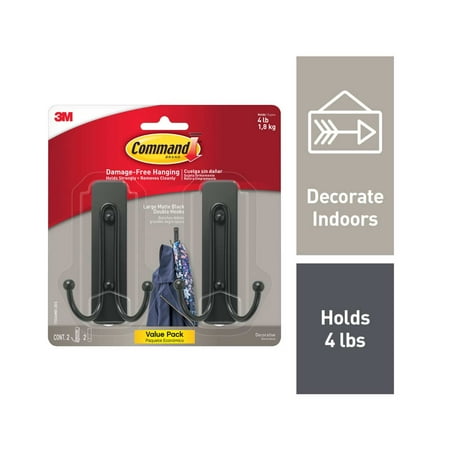 Command Large Double Wall Hooks, Black, Damage Free Decorating, 2 Hooks Now $8.29
