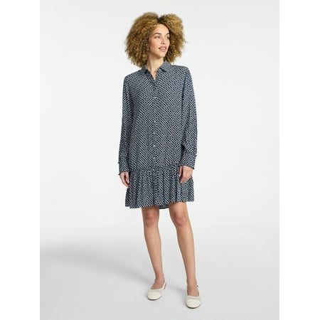 Time and Tru Women's Ruffle Trim Mini Shirtdress with Long Sleeves Now $5.89