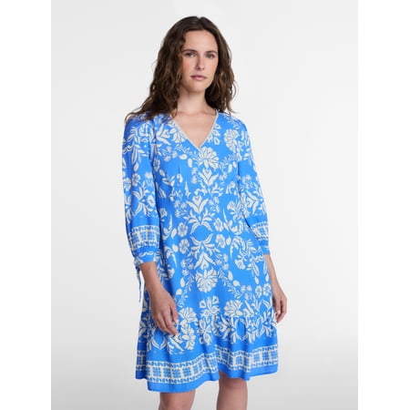 Time and Tru Women's Linen-Blend Border Print Mini Dress Now $12.59