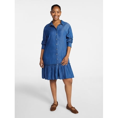 Time and Tru Women's Ruffle Trim Mini Shirtdress with Long Sleeves Now $6.16